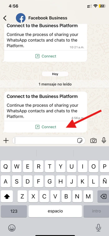 Mensaje de Facebook Business en WhatsApp Business con el botón Connect