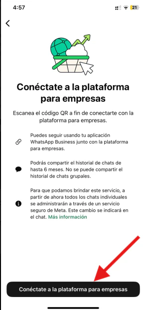 Pantalla de WhatsApp Business para conectarse a la plataforma para empresas