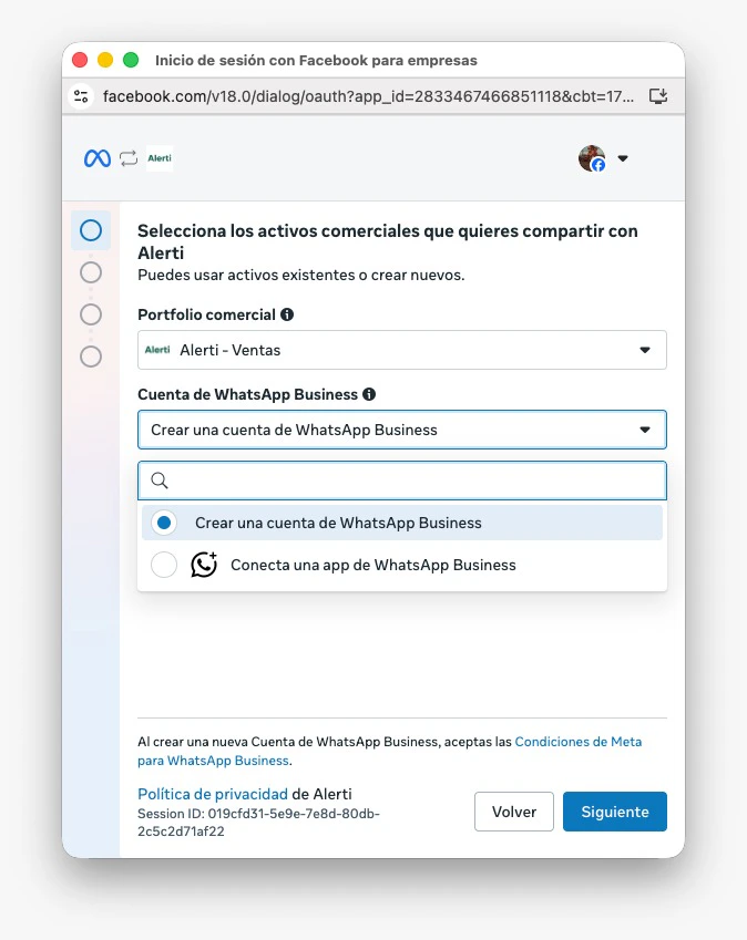 Pantalla de Meta para crear una cuenta de WhatsApp Business