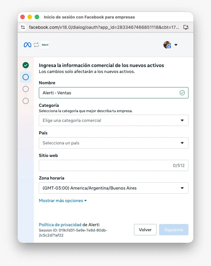 Formulario de Meta para completar información comercial