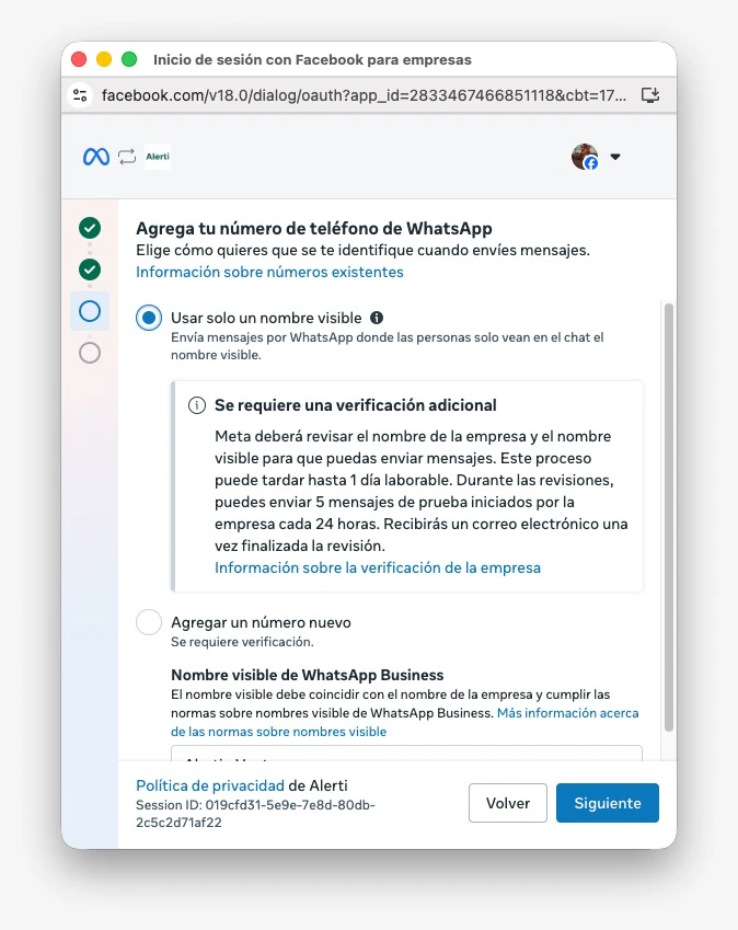 Opción de Meta para usar solo un nombre visible de WhatsApp Business