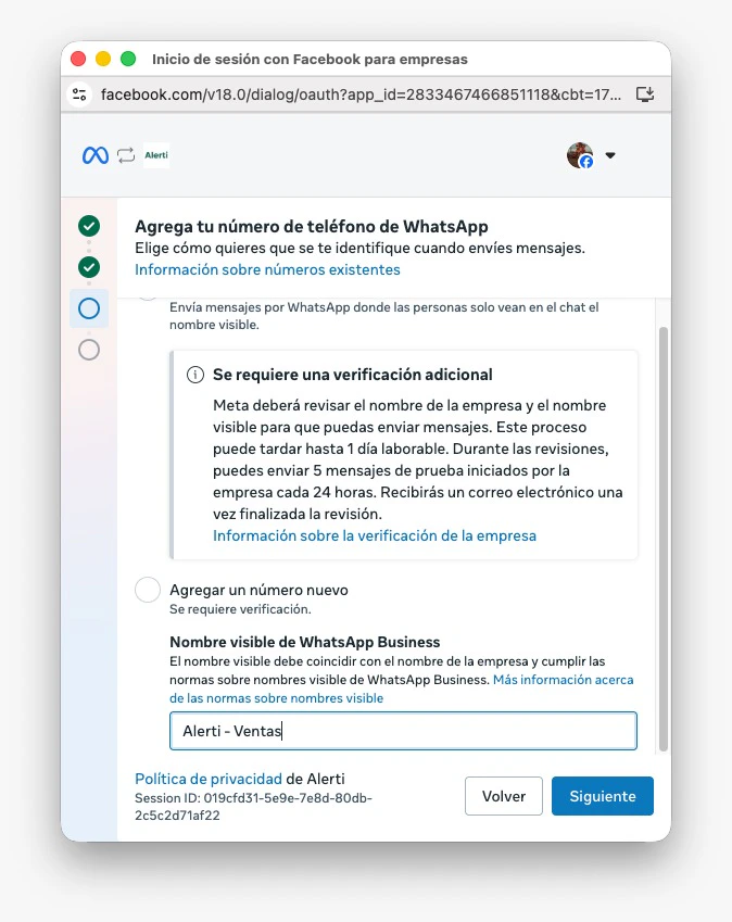 Campo de Meta para ingresar el nombre visible de WhatsApp Business