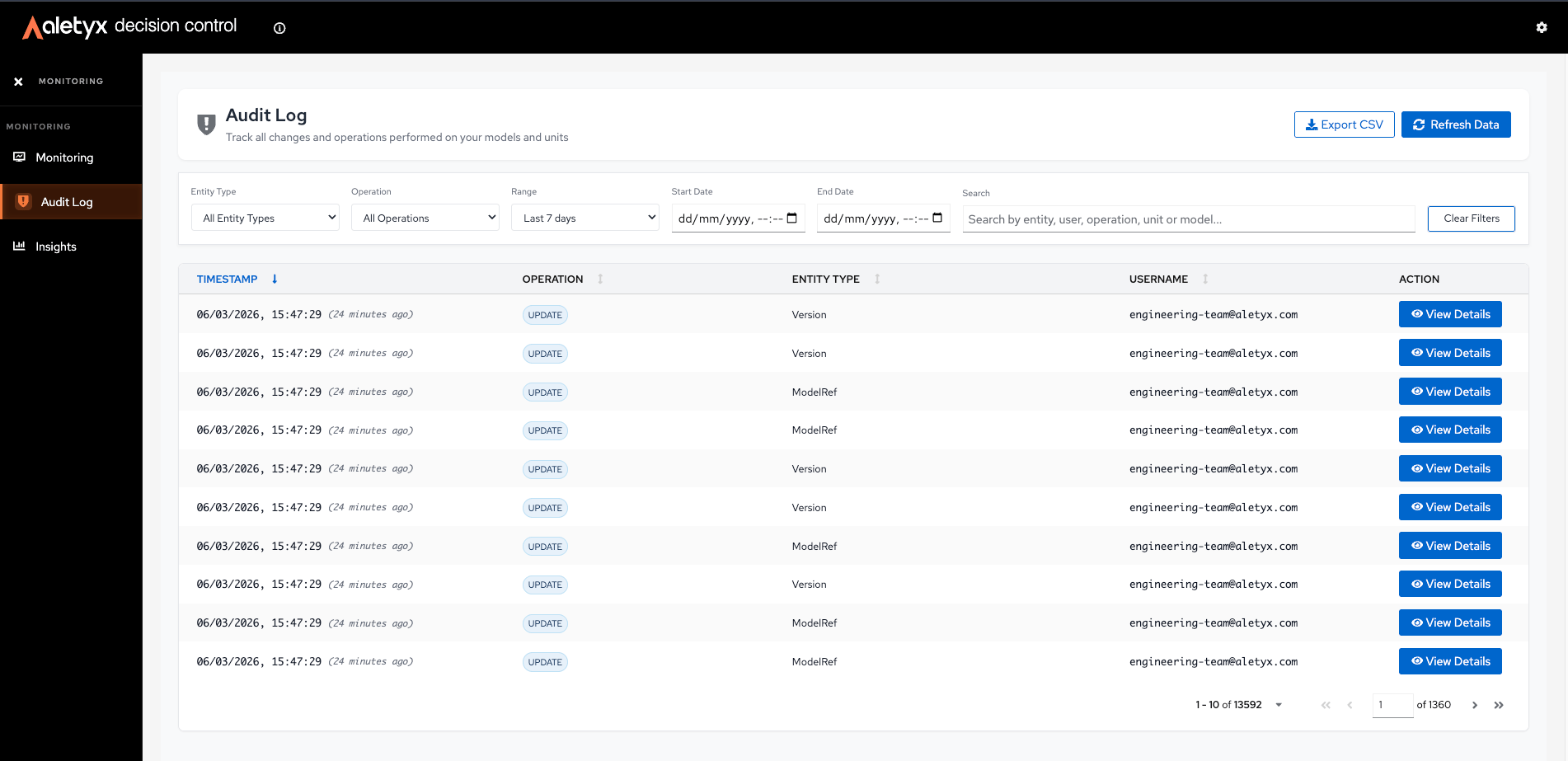 Audit log table