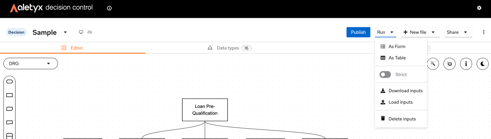 Run menu options