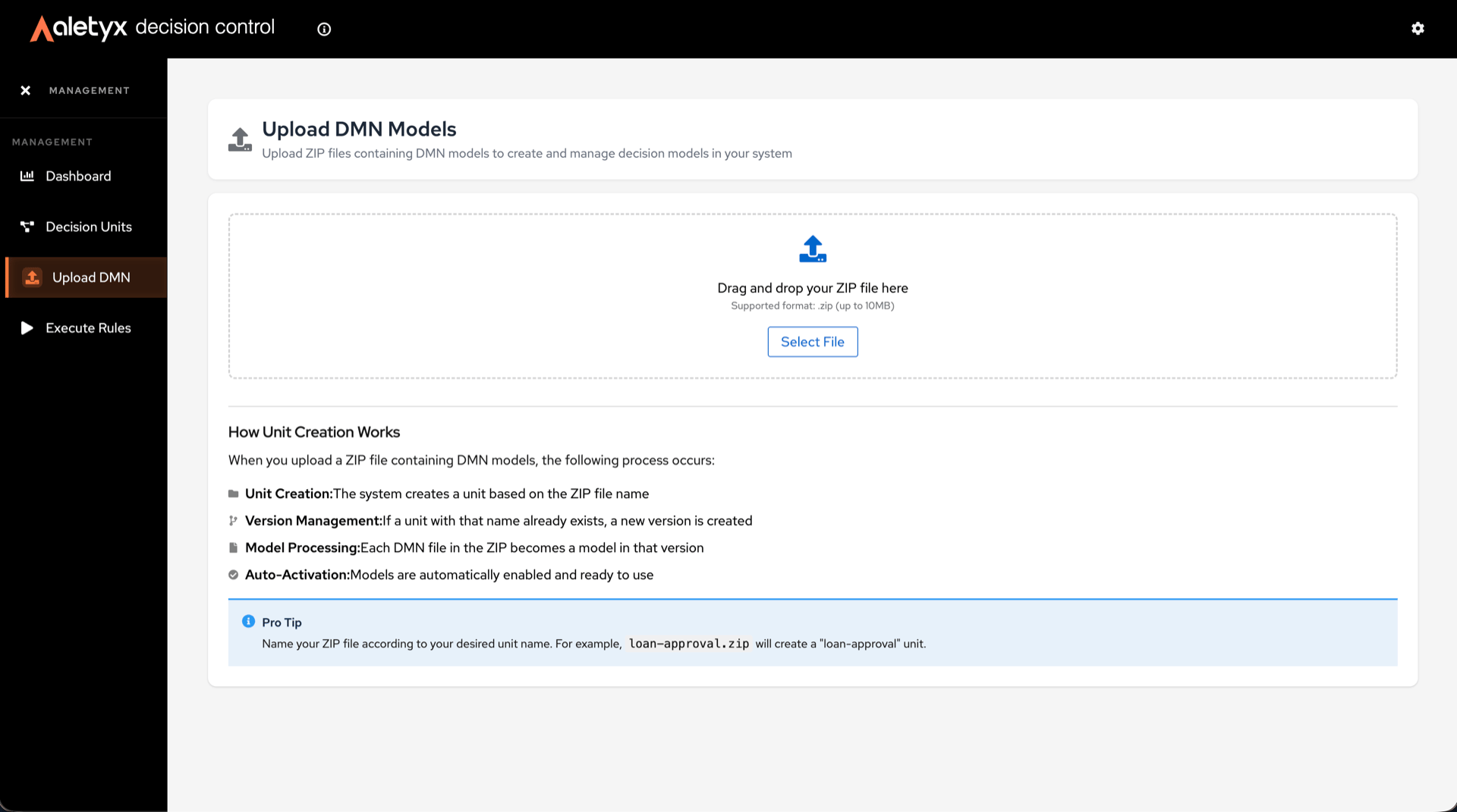 Upload DMN screen