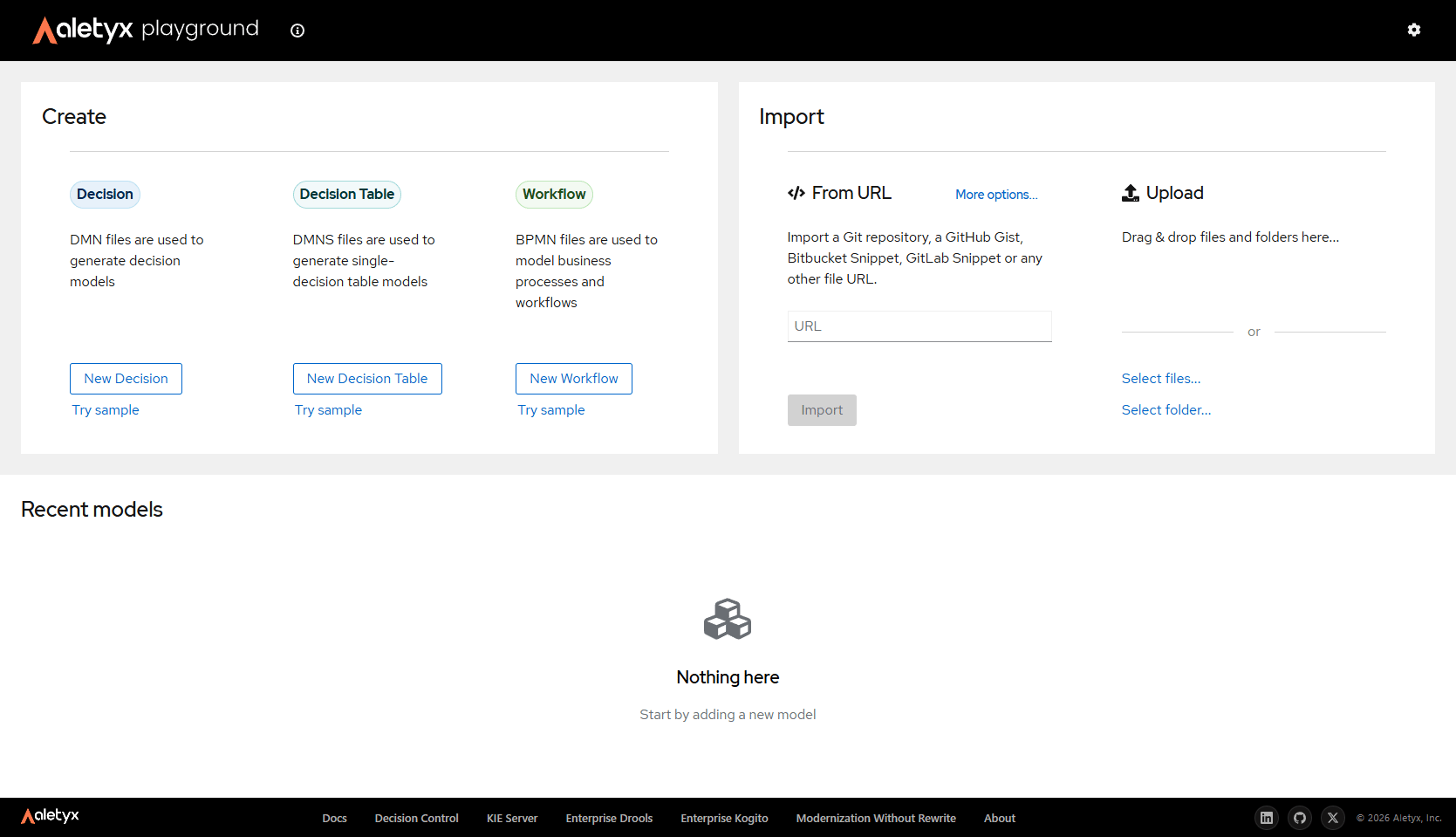 The Playground home screen with the New Decision Table option under Create
