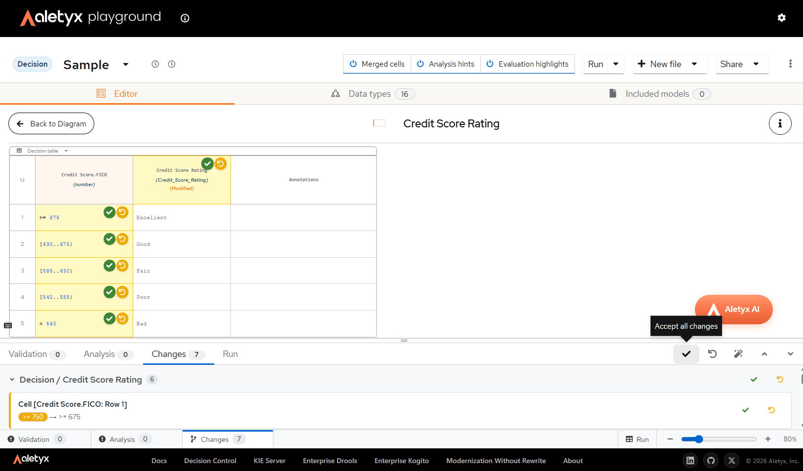 The Changes panel listing the assistant's proposed edits, with per-change controls and the Accept all changes button