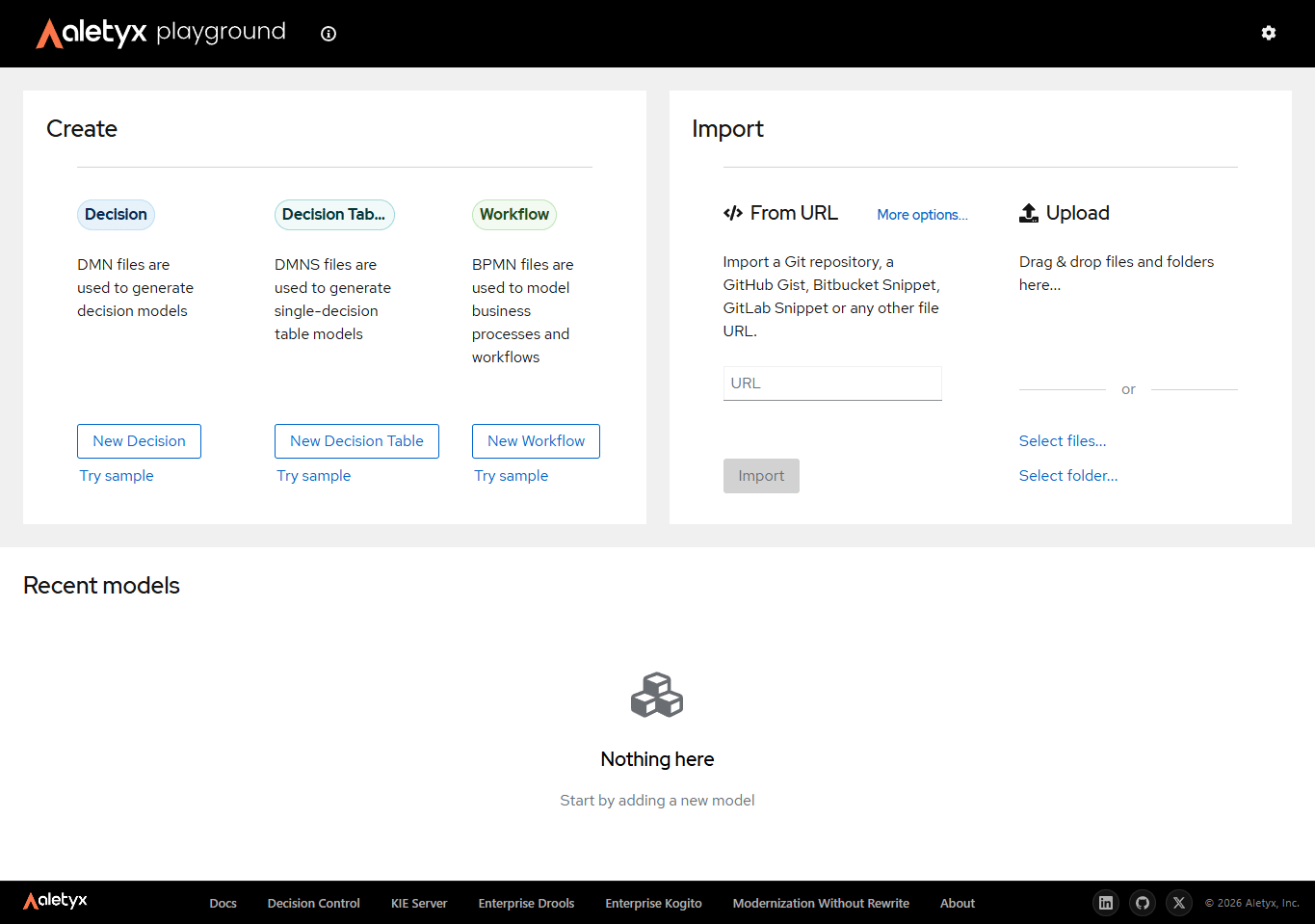 The Aletyx Playground home screen, with Create and Import options