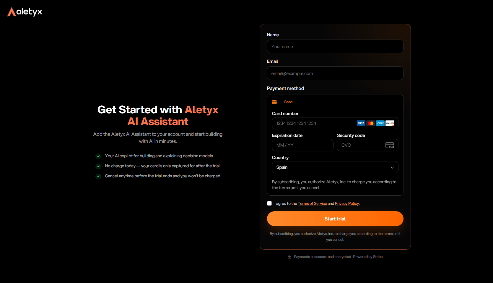 The Get Started with Aletyx AI Assistant checkout form