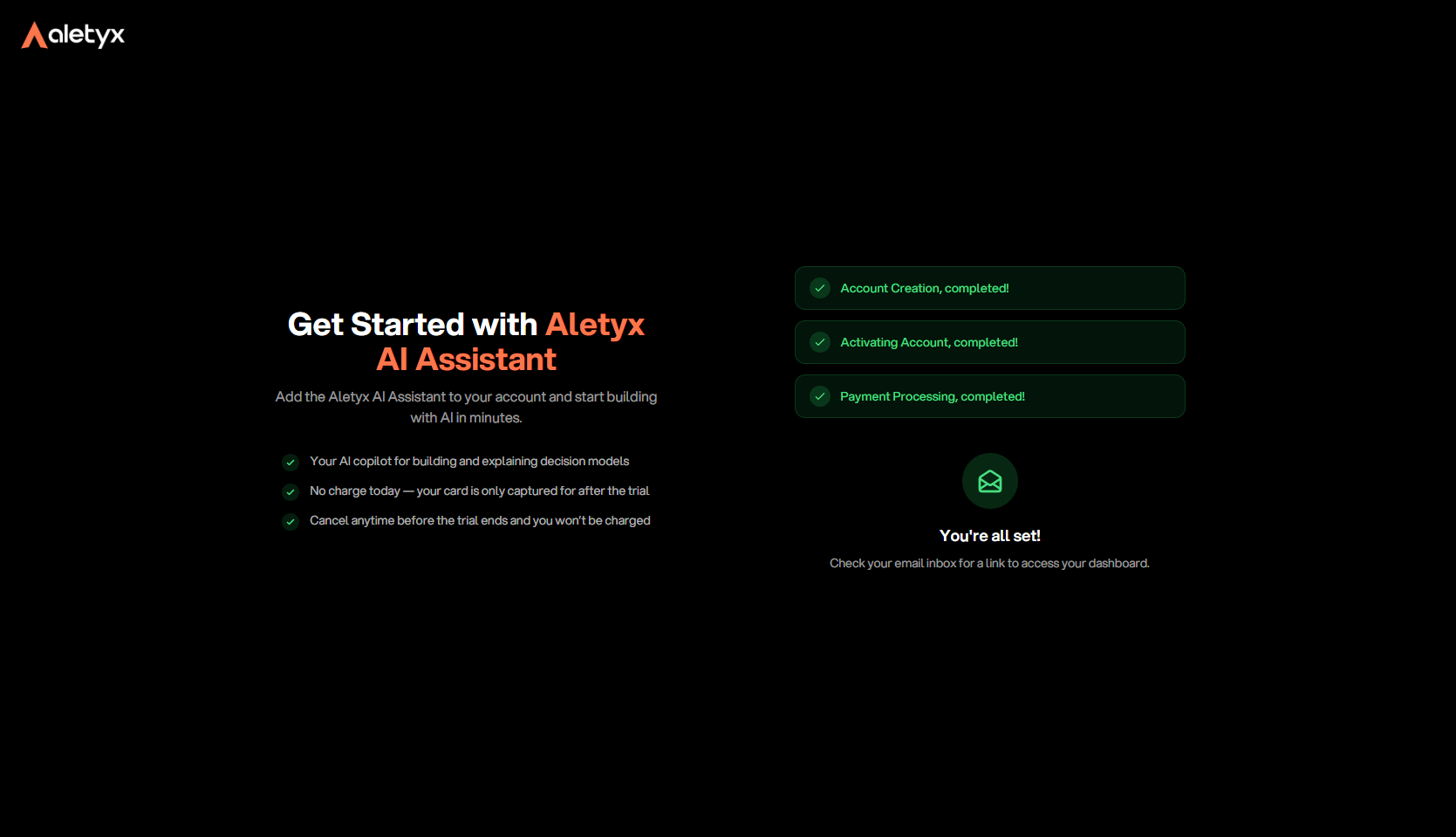 The checkout confirmation showing account creation, activation, and payment completed