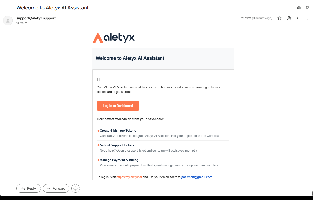 The welcome email with the Log In to Dashboard button