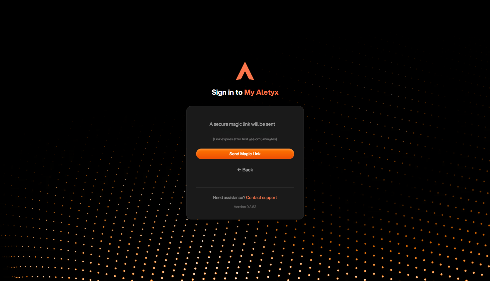The My Aletyx sign-in screen with the Send Magic Link button