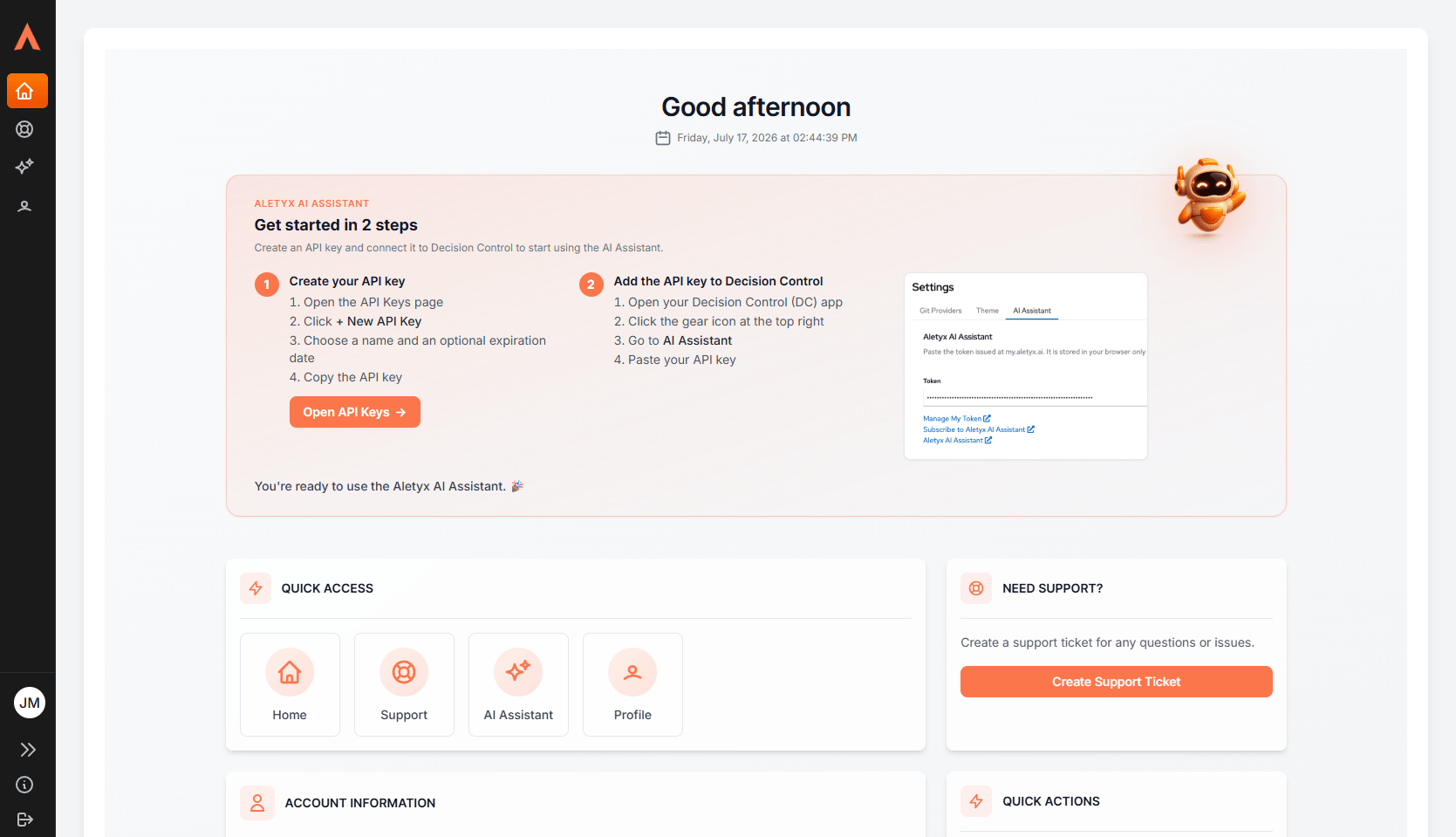 The My Aletyx dashboard home with the Get started in 2 steps card