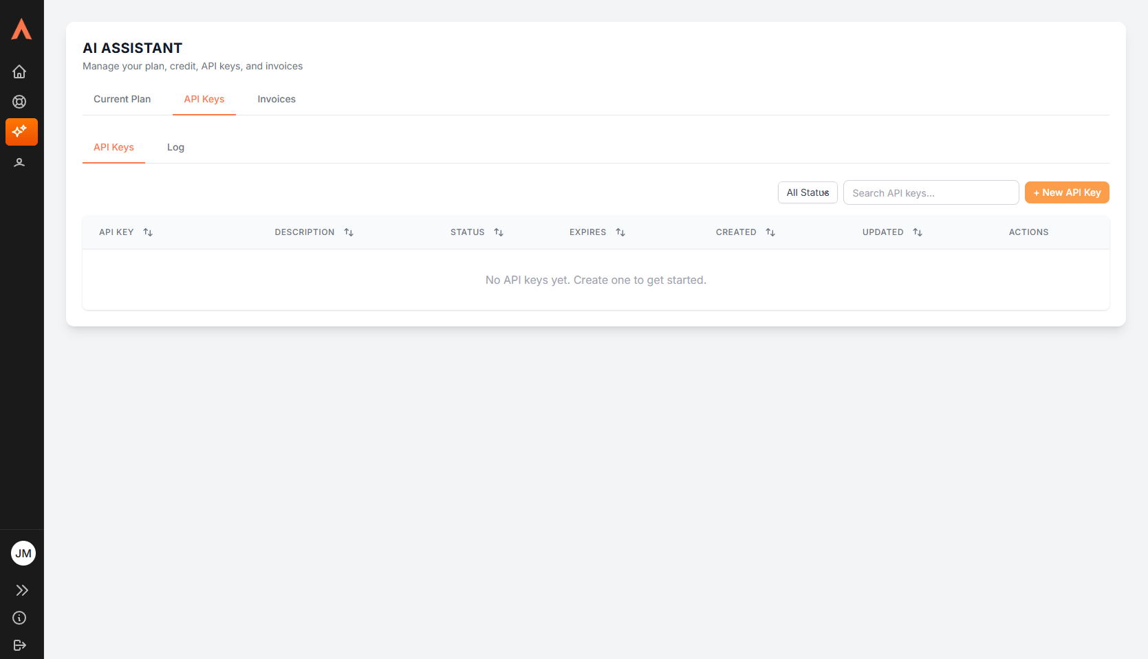The API Keys tab, empty, with the + New API Key button
