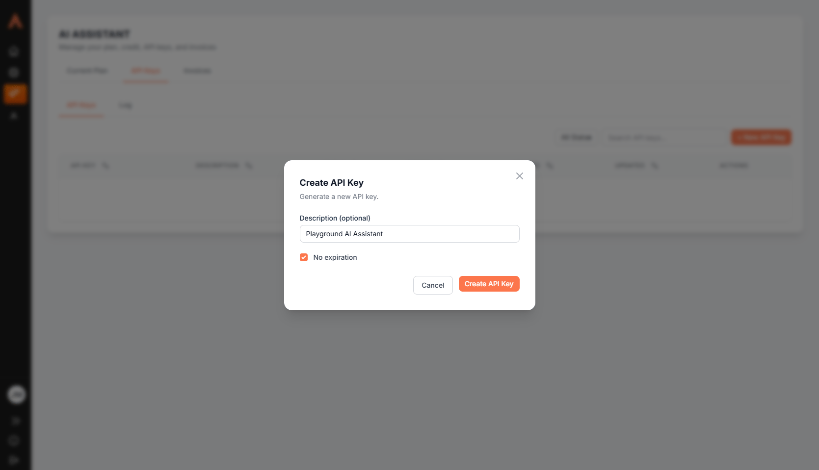 The Create API Key dialog with a description and no expiration