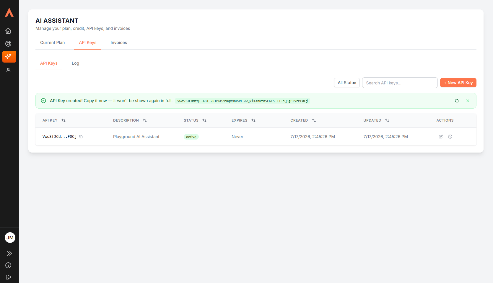 The API key created banner with the full key ready to copy