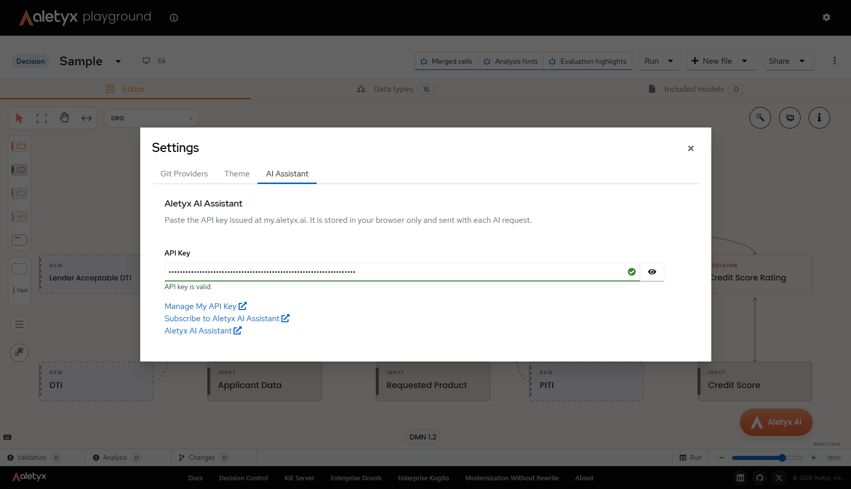 The Playground Settings AI Assistant tab showing a valid API key