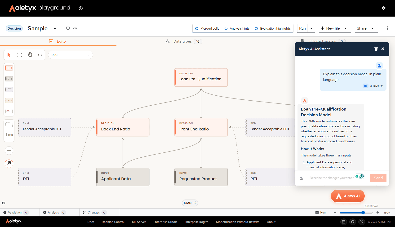 The Aletyx AI Assistant explaining the Loan Pre-Qualification model in chat
