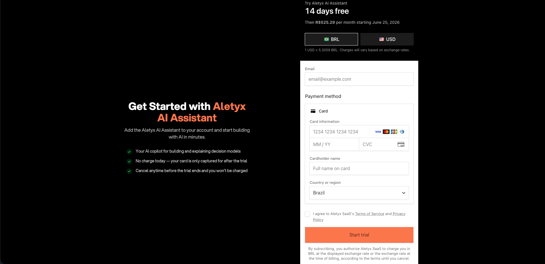The Aletyx AI Assistant checkout, with the 14-day free trial