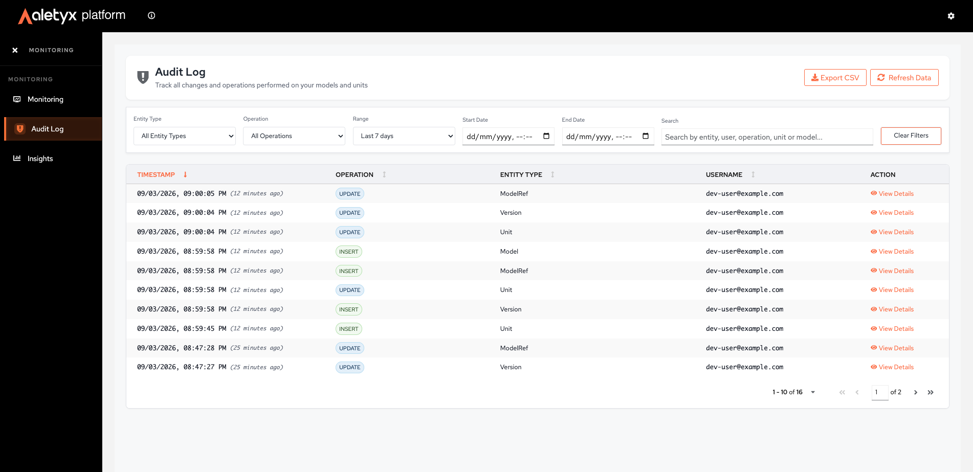 Audit log table