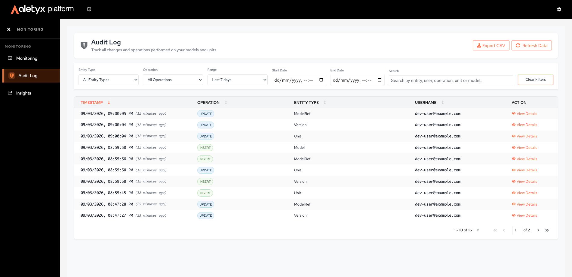 Audit log table