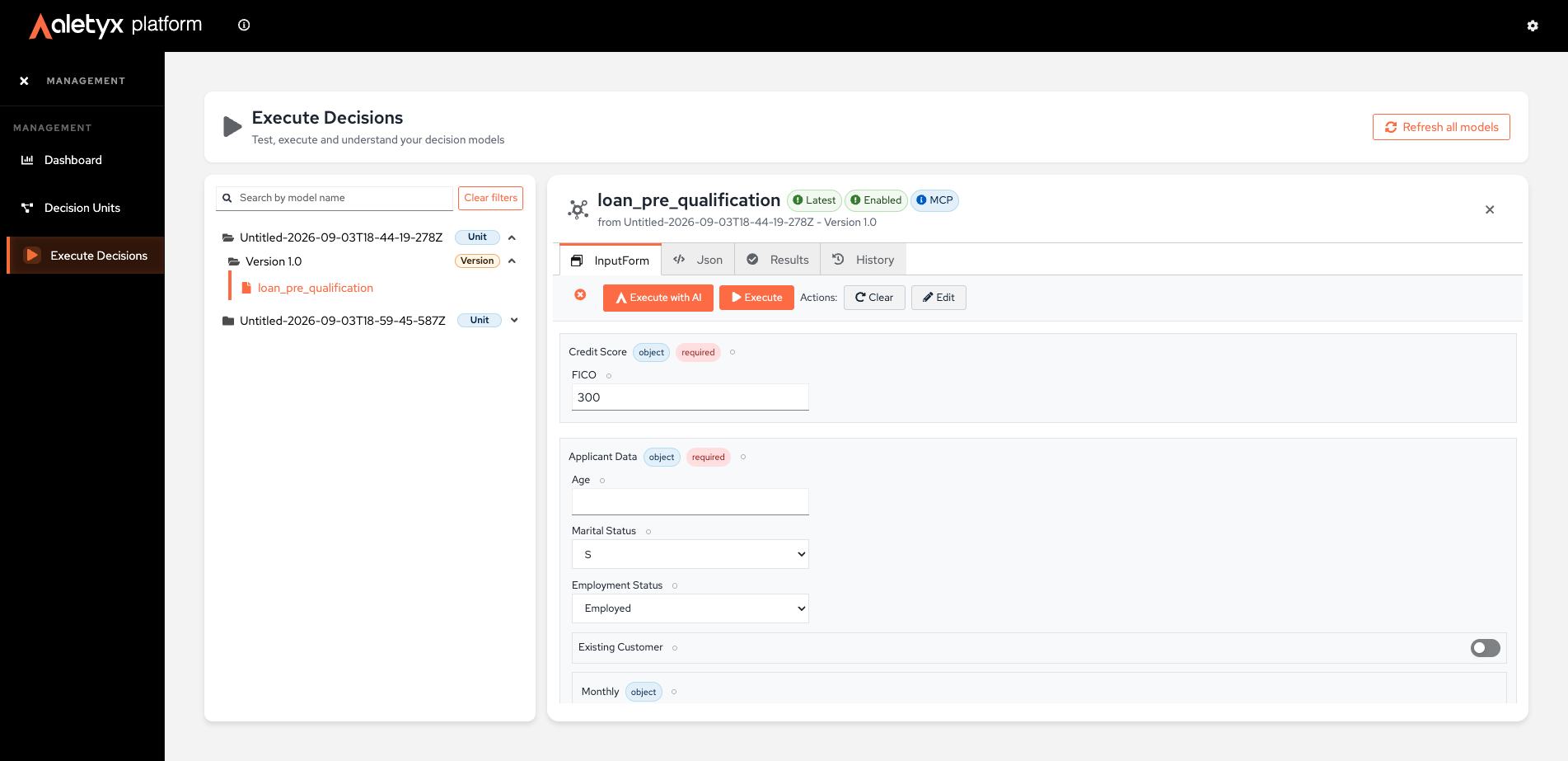Execute Decisions screen