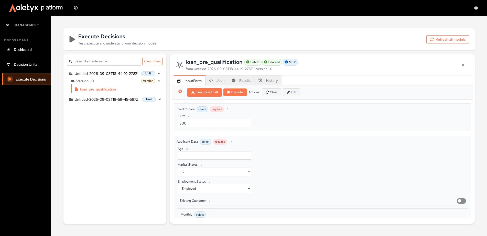 Execute Decisions screen