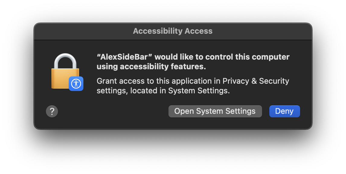 Accessibility permissions alert