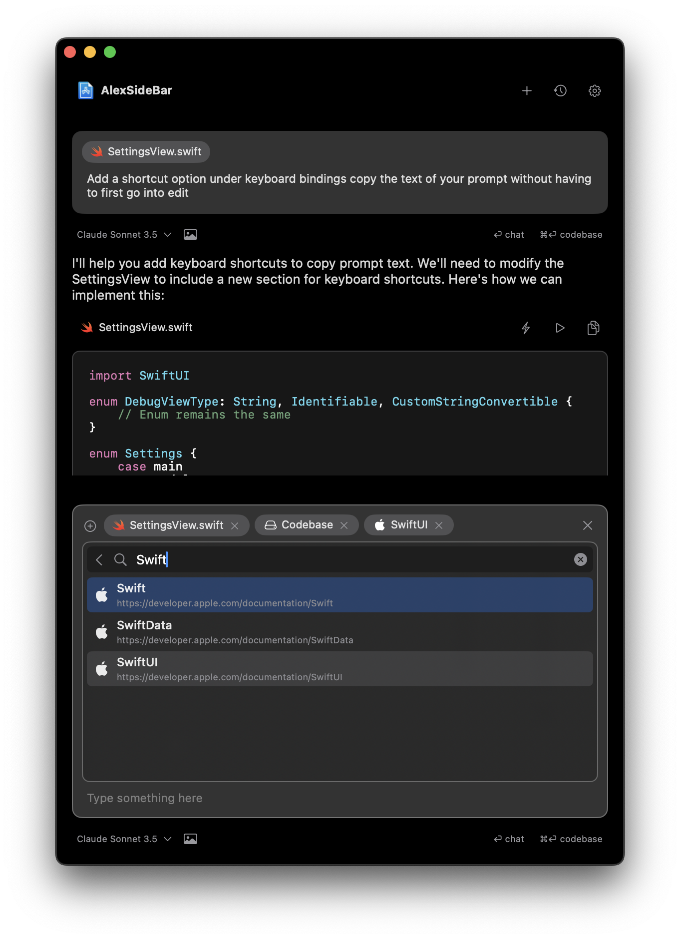 Apple Documentation command interface showing documentation search and browsing