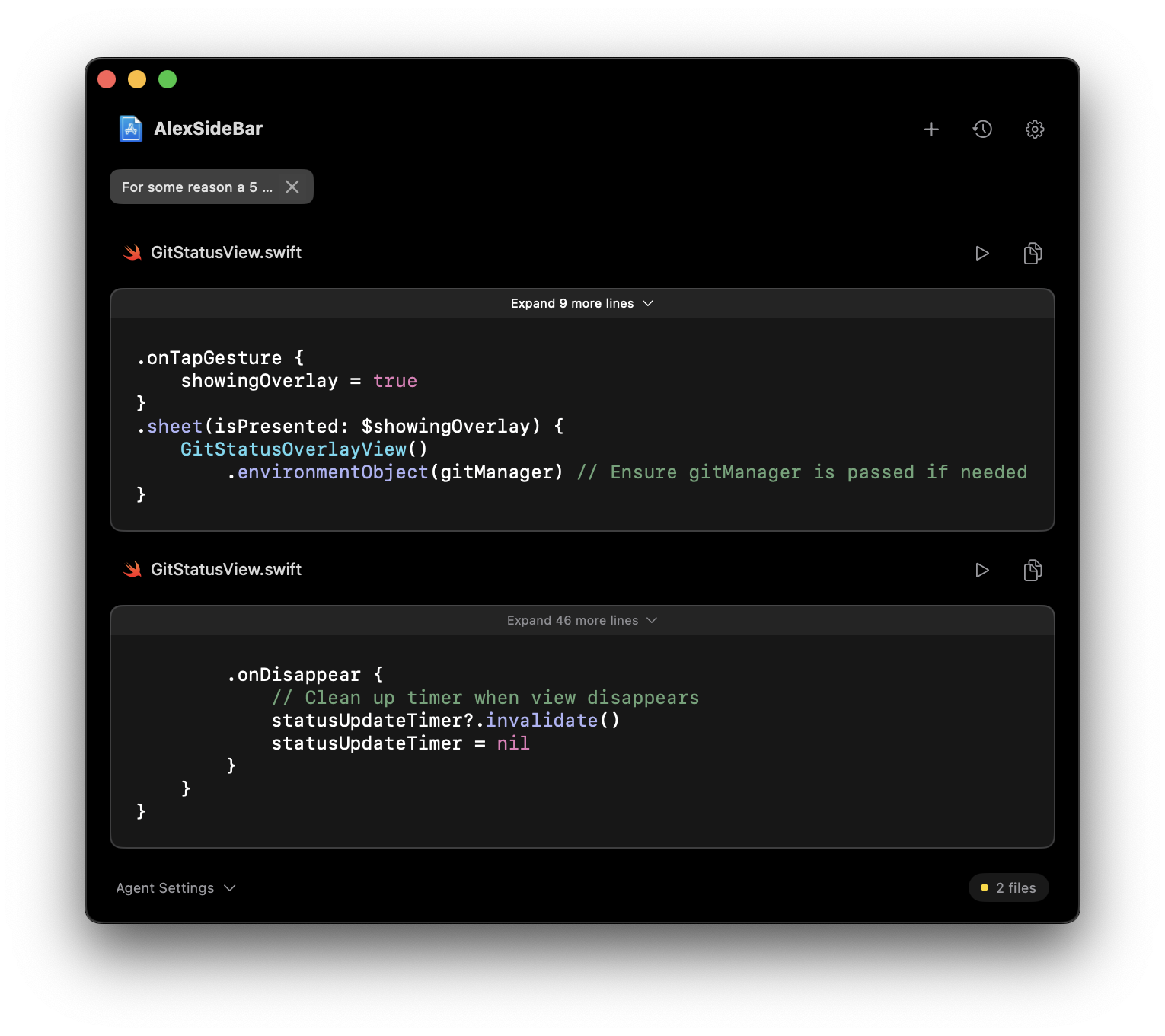 Code section expansion settings in Alex Sidebar