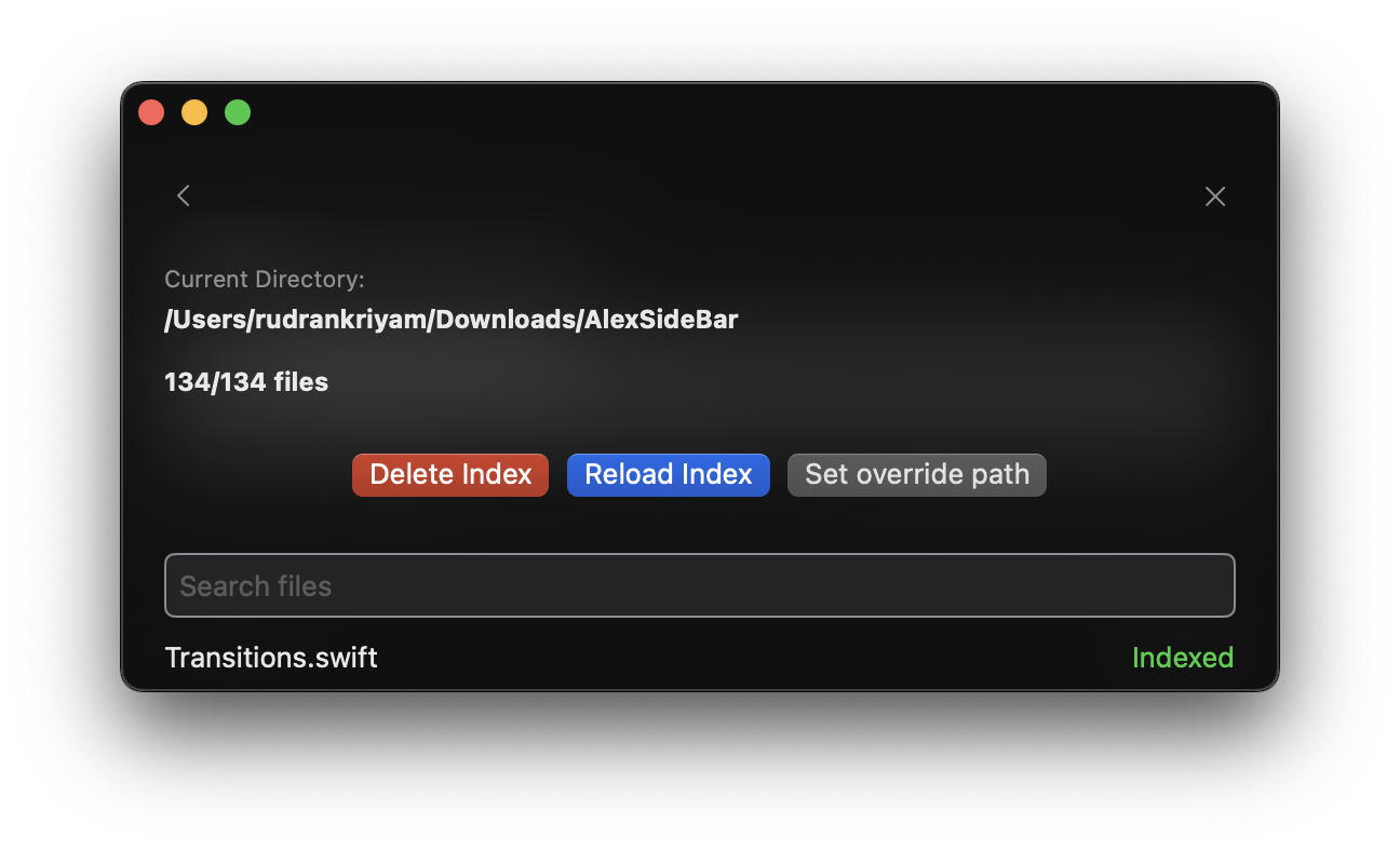 Codebase indexing interface showing indexed files and management options