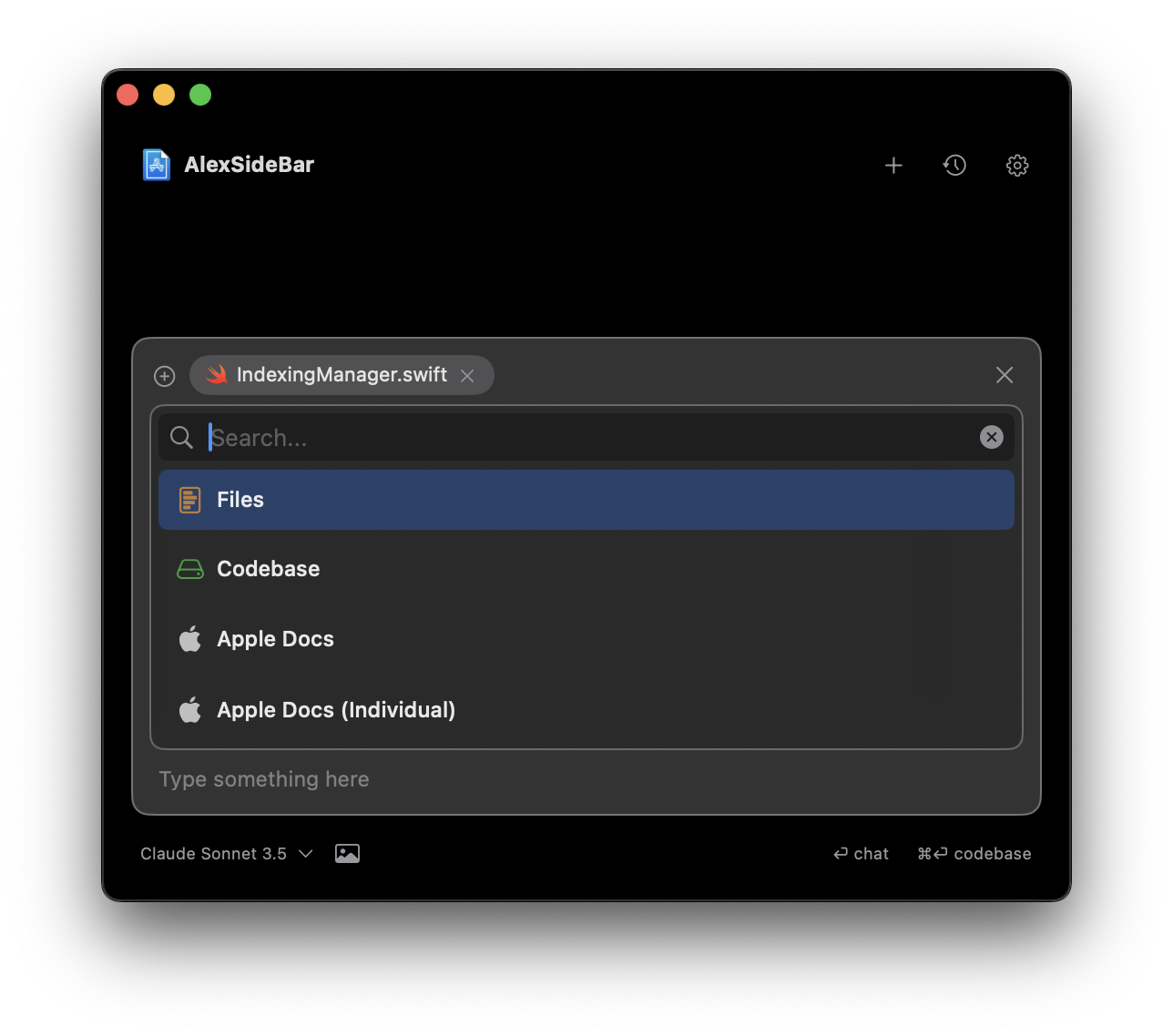 Available commands and shortcuts in the chat interface showing @ commands menu