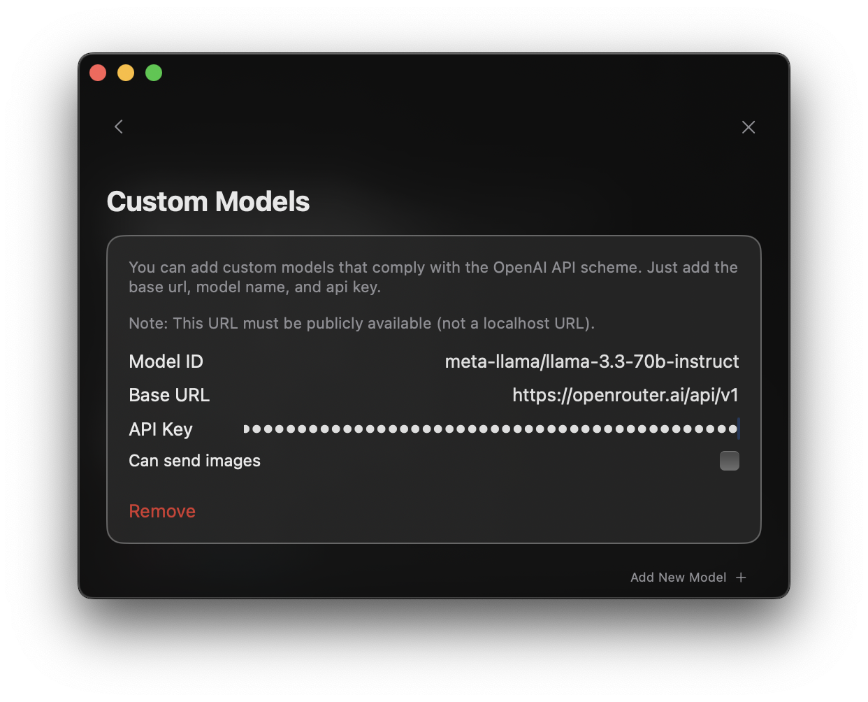 Custom models settings configuration in Alex Sidebar