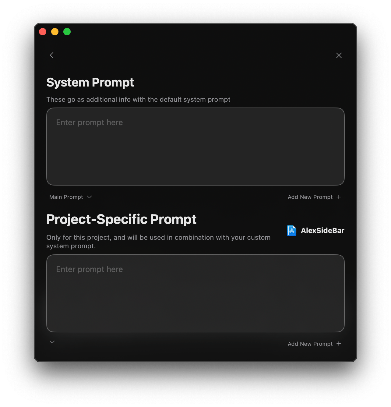 Prompt configuration interface showing system and project prompts