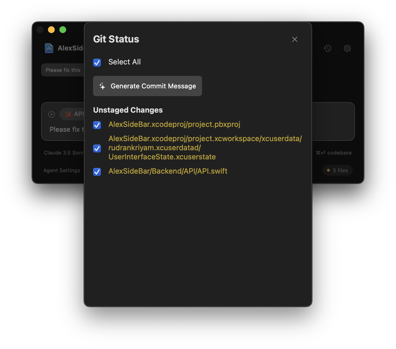 Git Status Panel Git panel showing staged changes and modified files
