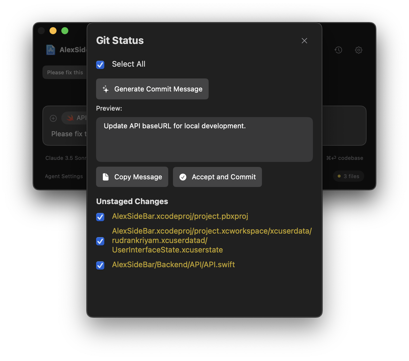 Git Status Panel AI-generated commit message suggestions interface showing multiple message options
