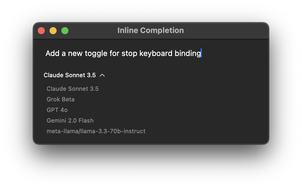 Example showing inline code completion with ghost text suggestions appearing as you type