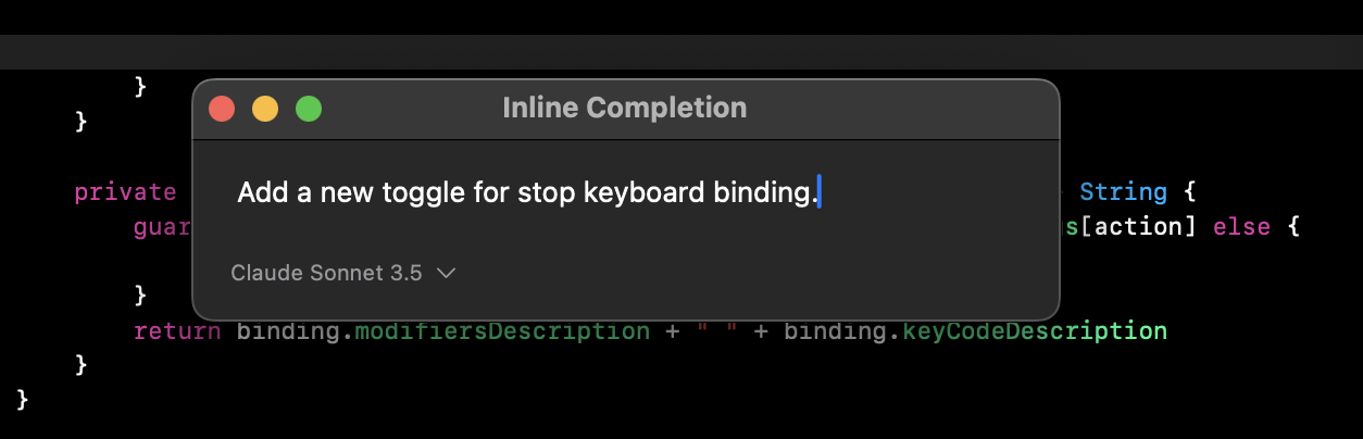 Example showing inline code completion with ghost text suggestions appearing as you type