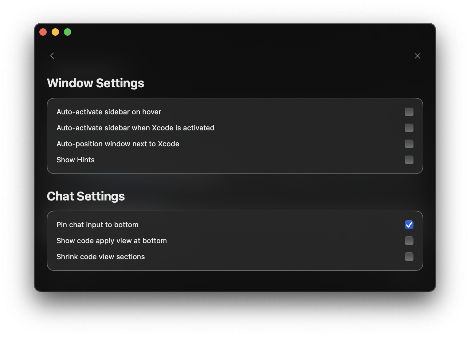 Pin chat to bottom settings in Alex Sidebar