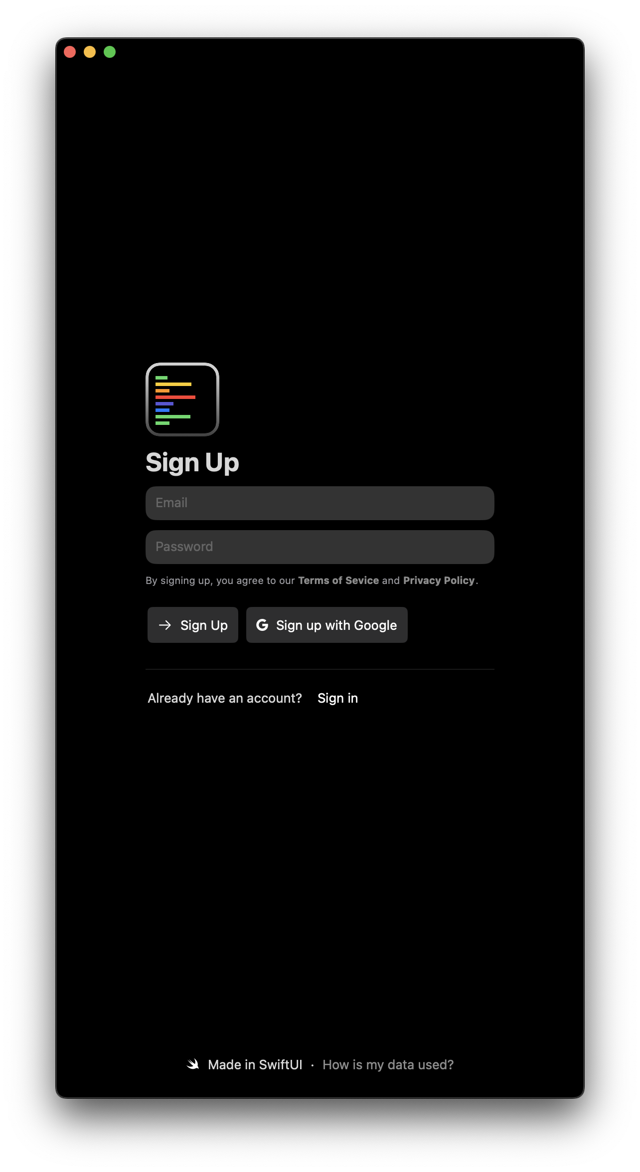 Sign up page