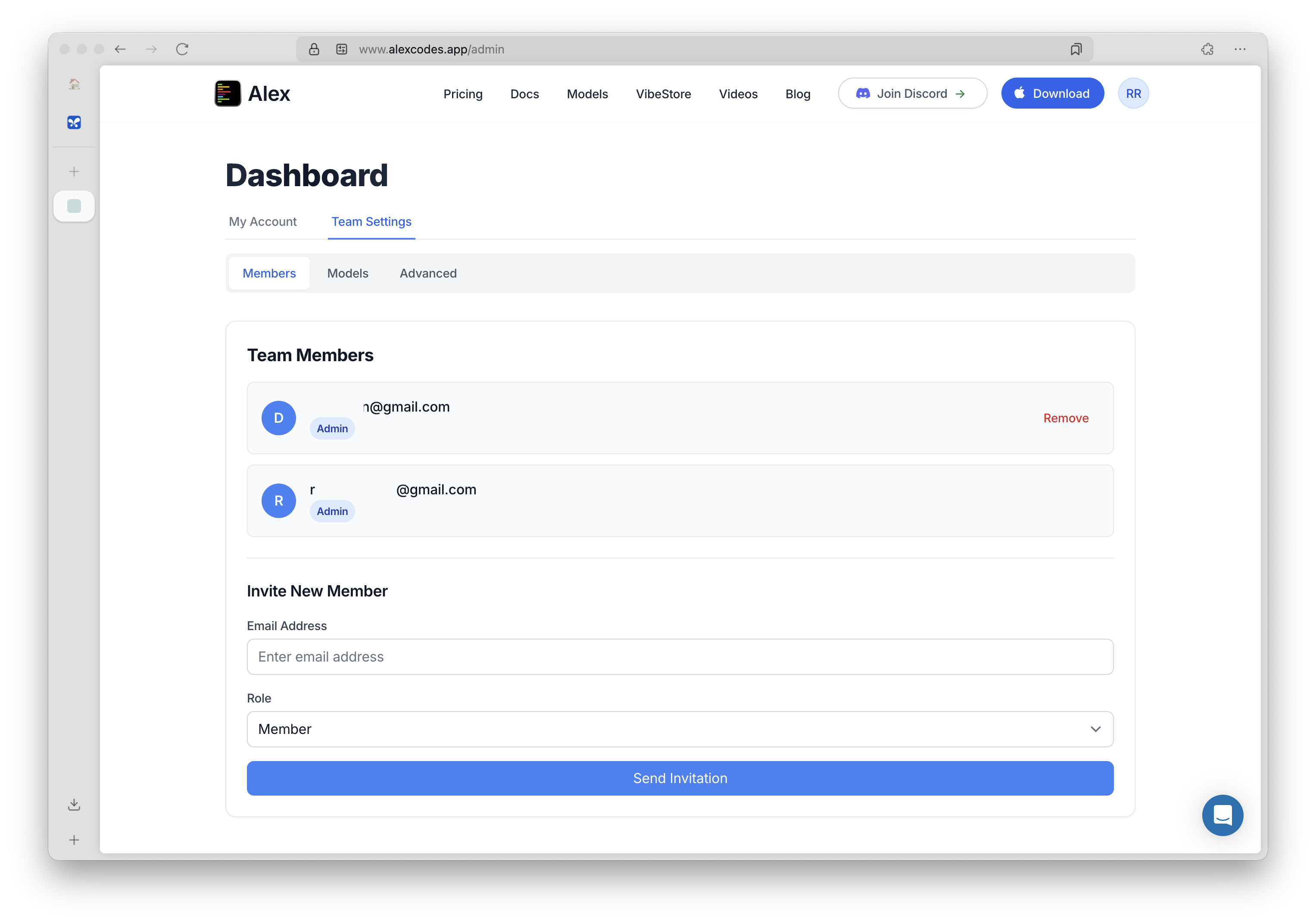 Team Members dashboard showing member list and invite options