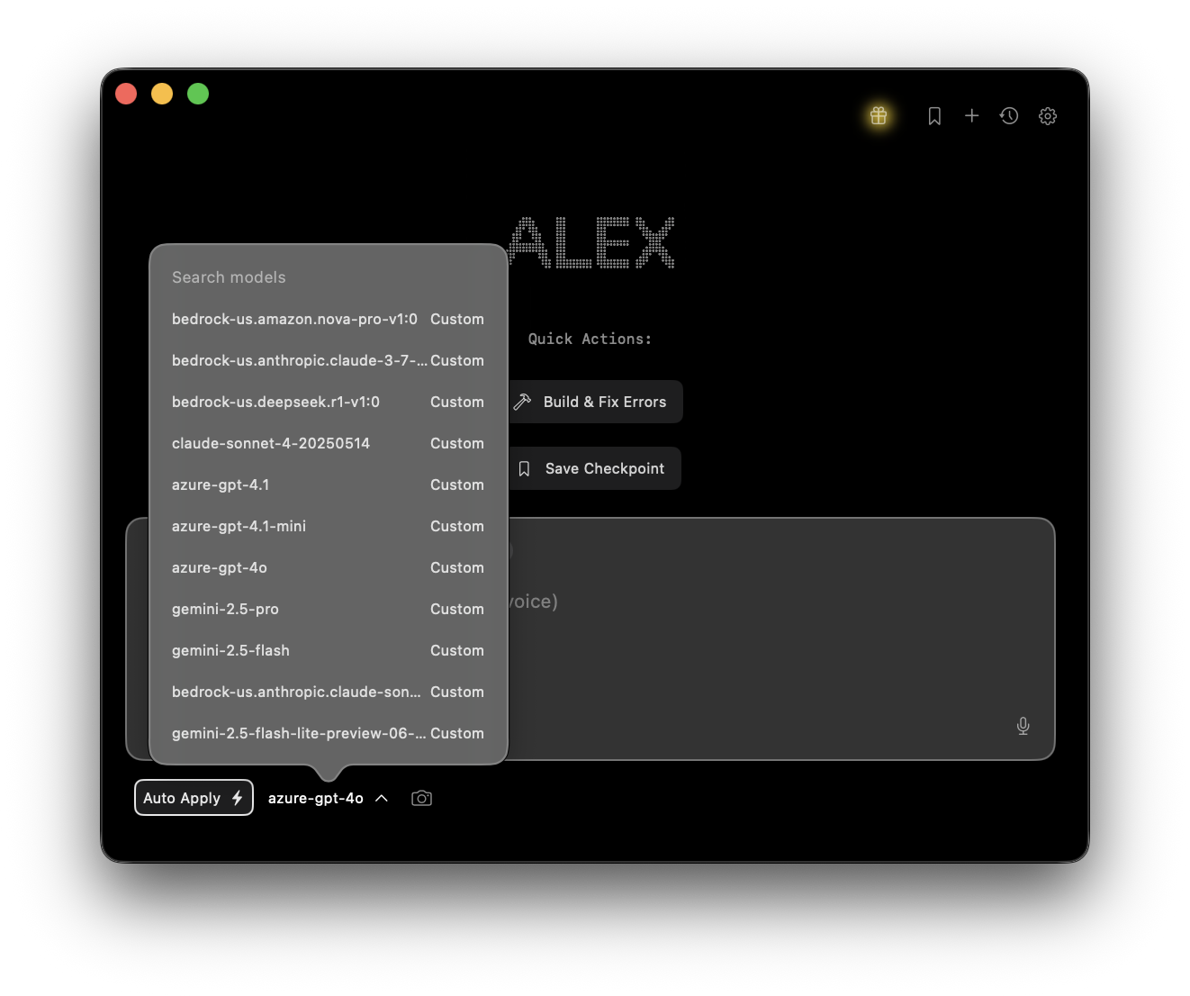 Alex Sidebar showing custom team models in the model selector