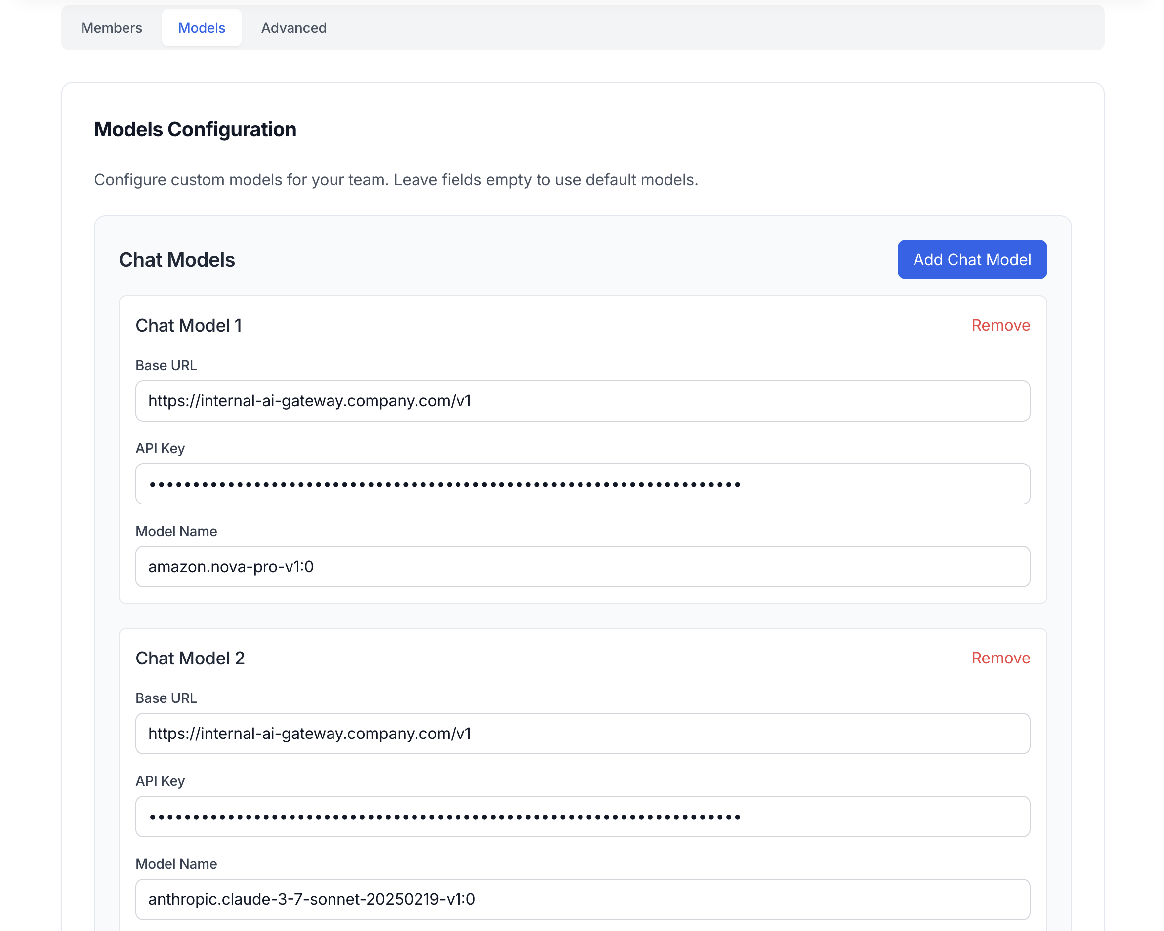Team Models configuration page showing various model types