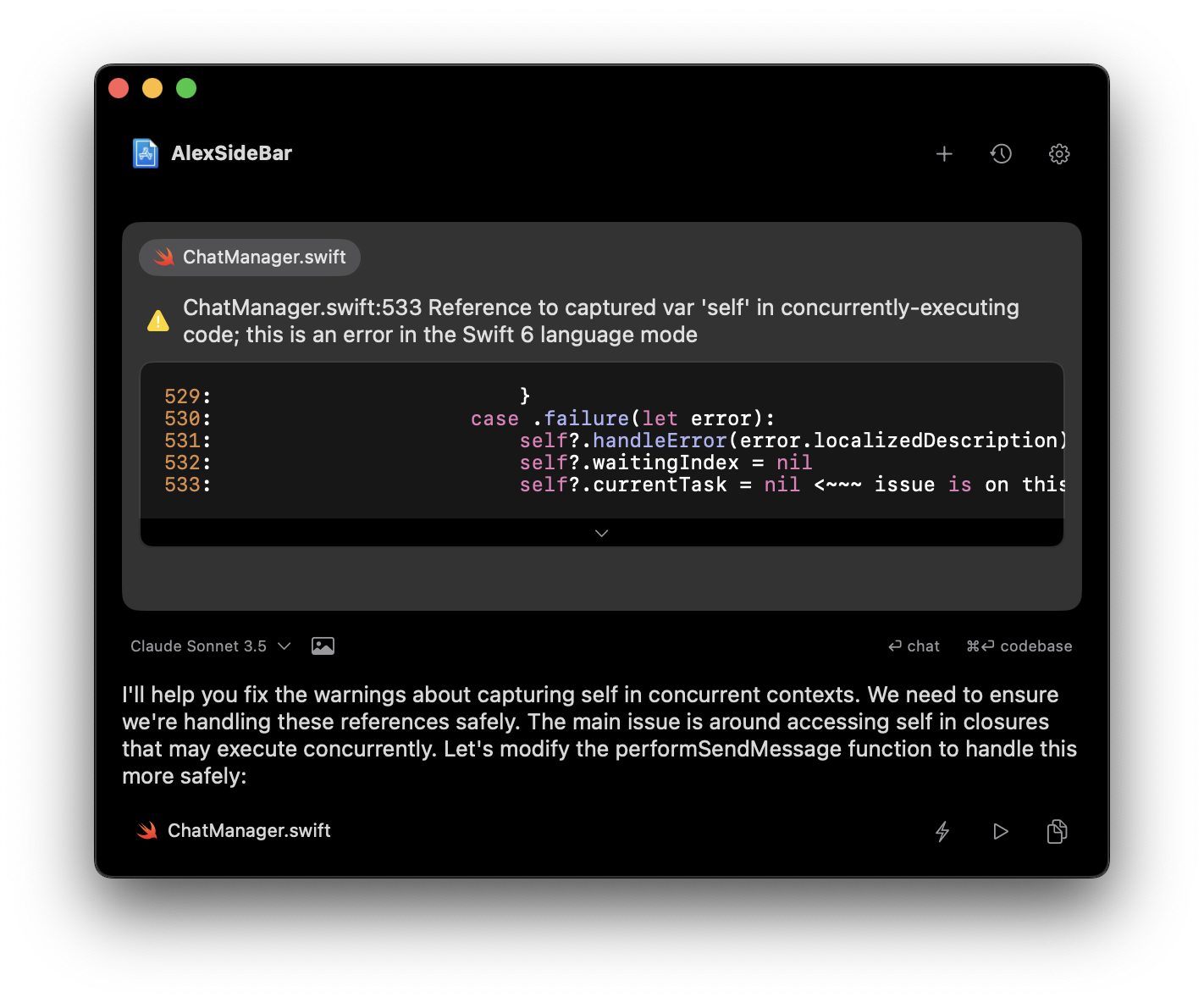 Alex Sidebar chat interface with warning context and suggestions