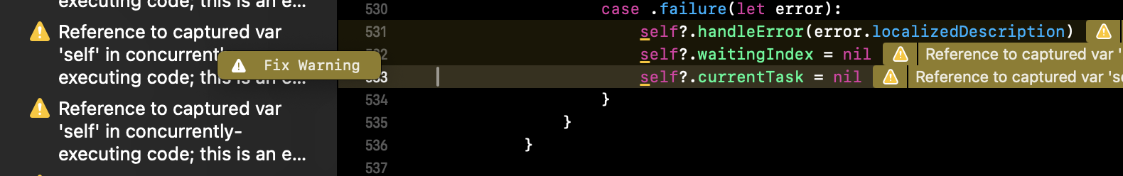 Xcode error indicator in the gutter that can be clicked to trigger quick fix