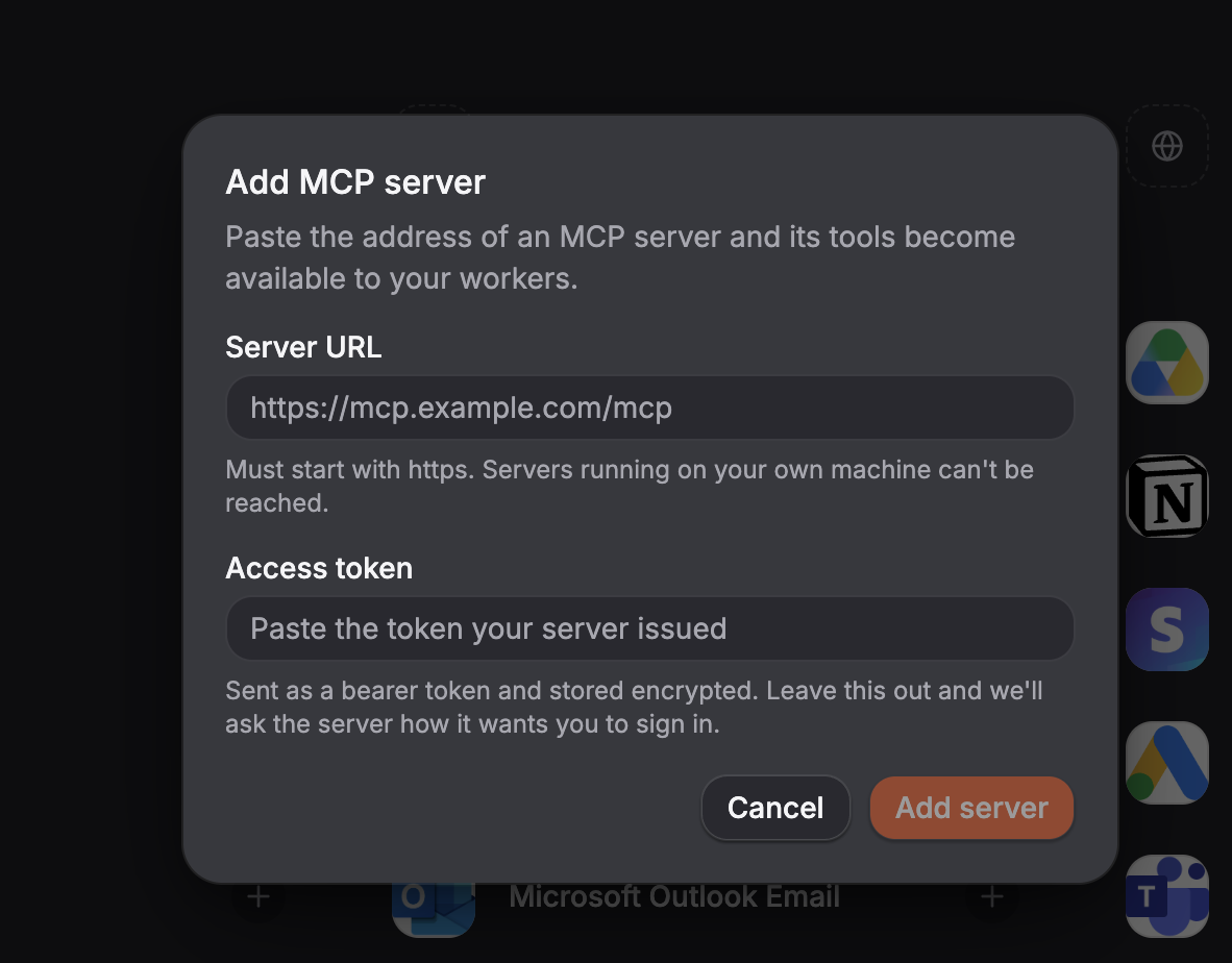 The same dialog after clicking My server uses a token, showing the Access token field