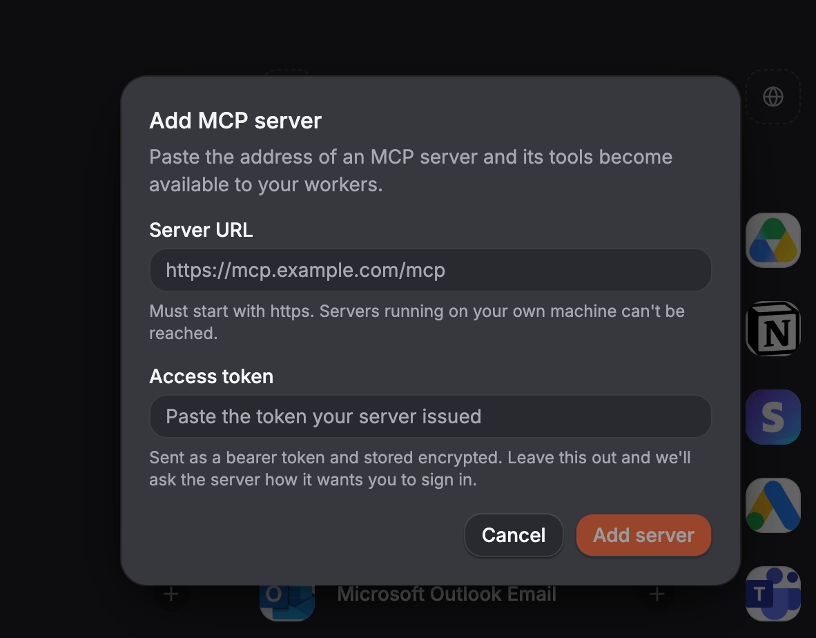 The same dialog after clicking My server uses a token, showing the Access token field