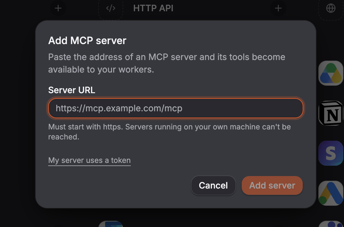 The Add MCP server dialog with the Server URL field and the My server uses a token link beneath it