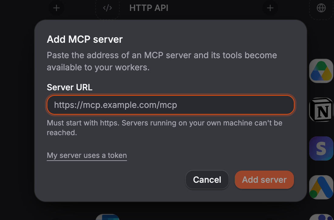 The Add MCP server dialog with the Server URL field and the My server uses a token link beneath it