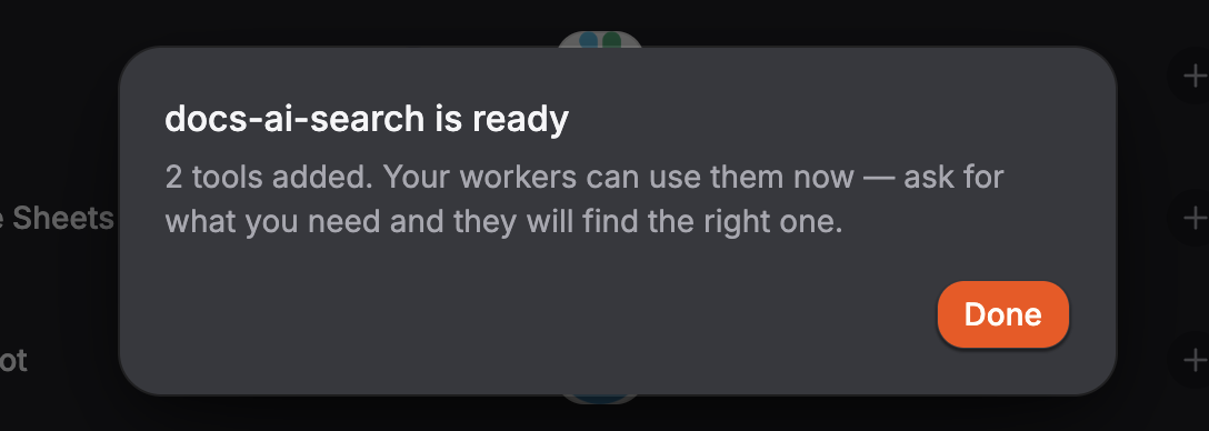 The dialog reporting that the server is connected and how many tools were added
